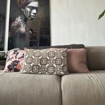 Detail kussens mooi afgestemd op de wandplaten